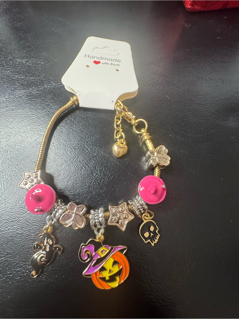 Gold-Tone Handmade Charm Watch Bracelet with Pink Accents